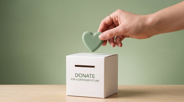 Female hand placing soft green heart shape into white donation box for a greener future on wooden table surface indoors