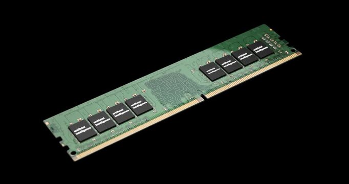 Artificial intelligence text glowing on green computer ram dropping and bouncing on dark background