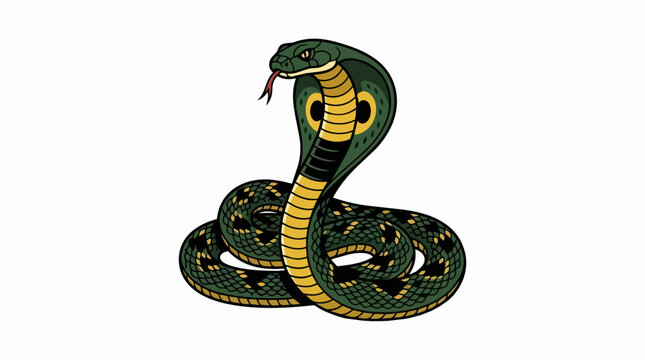 Majestic Green King Cobra Snake with Hood Spread Coiled Reptile Predator Illustration Isolated on White Background
