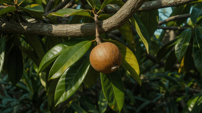 Photorealistic sapodilla fruit on tree in warm garden, earthy tones