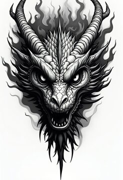 Fierce dragon head with flames and sharp horns roaring intensely