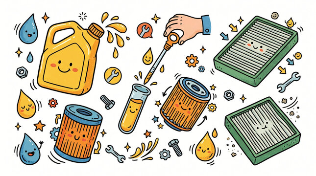 Car oil change and auto filters maintenance hand drawn illustrations set. Vintage doodle drawings of engine oil jugs, dipsticks and filters. Clean line art collection for quick lube service station.