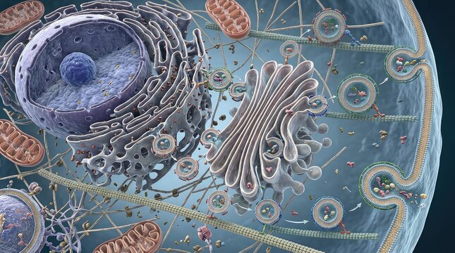 Advanced microscopic 3D illustration of multiple intracellular vesicles traveling between the Golgi apparatus, endoplasmic reticulum and cell membrane