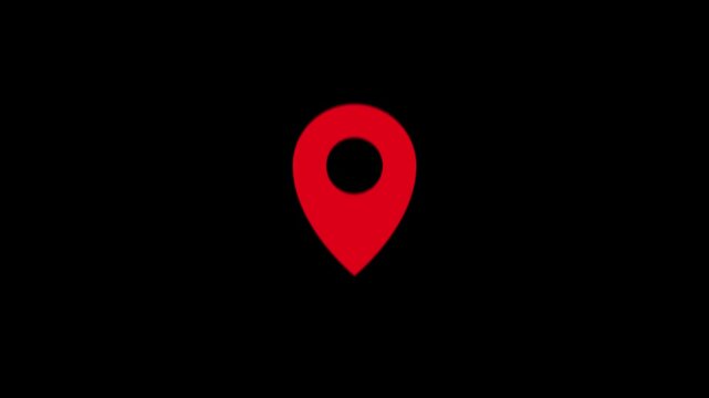Red map pin pointer icon animation 4K video. GPS navigation marker, location tracking symbol, and place sign isolated on a dark black background