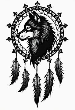Wolf head inside dream catcher with feathers hanging down