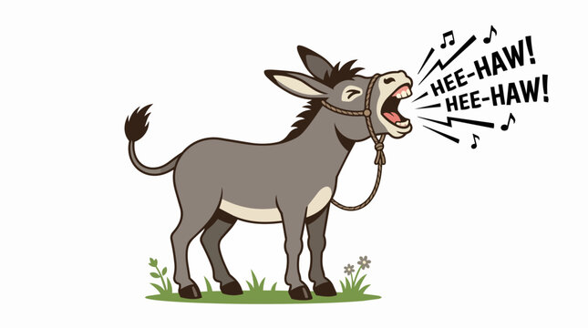 Funny Cartoon Donkey Braying Loudly on Grass with Hee-Haw Sound Effect Text and Musical Notes Illustration