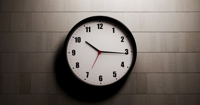 Fast moving 3D wall clock on dark concrete office wall showing late night overtime and passing hours