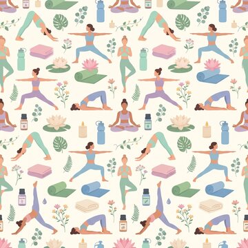 Flat lay yoga and fitness seamless pattern with diverse women in activewear meditating and exercising
