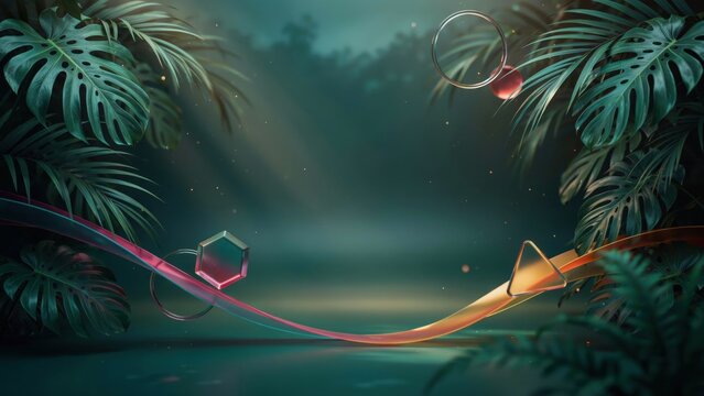 Elegant tropical jungle environment with glowing light rays, abstract ribbons, and geometric shapes on a curved path