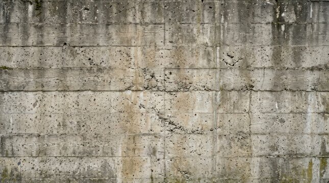 A weathered concrete wall presents a textured surface with horizontal grooves and numerous small holes.