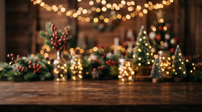 A warm and festive christmas scene illuminated decorations and evergreen branches create a cozy holiday atmosphere