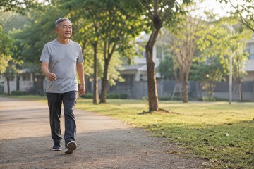 Fototapeta premium Active senior Asian man walking in a neighborhood park