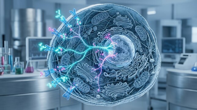 Complex 3D scientific visualization of a single living cell displaying an intricate intracellular signaling network, glowing molecular messengers traveling from membrane receptors toward the nucleus, 