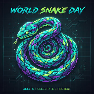 World Snake Day geometric snake art on digital background.