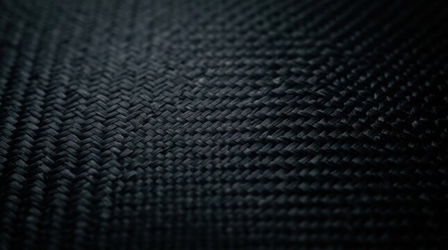 A close-up shot of a dark, woven fabric. The material exhibits a complex, tightly-packed pattern of interwoven strands, creating a textured surface.