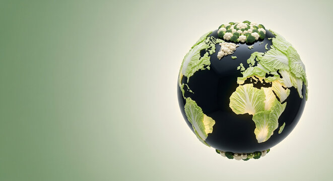 Planet Earth globe concept with cabbage leaf continents and broccoli cauliflower poles on dark glossy sphere, green black colors for global ecology agriculture food art with copy space