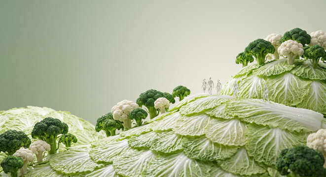Miniature food art landscape made of savoy cabbage hills with broccoli cauliflower trees and tiny glass human figures, green white colors for eco farming nutrition concept with copy space