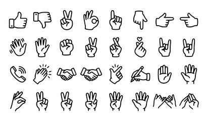 Fototapeta premium Hand Gestures Doodle Icons Set with Cartoon Finger Signs Communication Symbols and High Quality Editable Outline Vector Collection