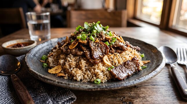 Ultimate Thai Rice Bowl Experience Rustic Asian Beef Stir Fry on Brown Rice with Garlic and Scallions in Sunlit Caf&eacute; Setting