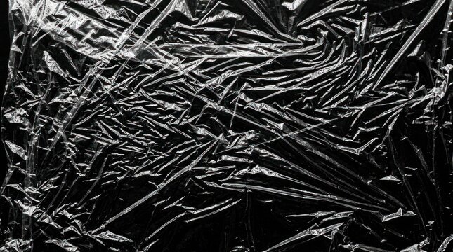 A sheet of clear plastic wraps and folds dramatically, creating a complex, textured pattern. The plastic reflects light, producing a shimmering, almost crystalline effect.
