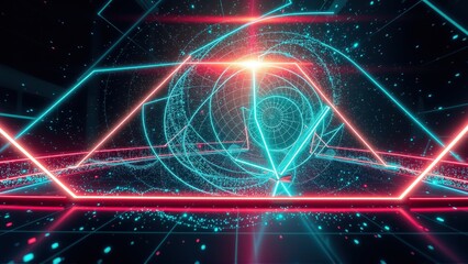 Fototapeta premium Neon lines form geometric shapes. Bright red, teal glow emanates from digital sphere. Dark background enhances futuristic aesthetic.