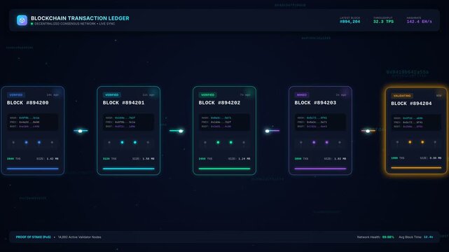3D animated blockchain transaction ledger visualization featuring interconnected cryptographic blocks, real-time node validation, data flow packets, and live consensus network metrics.