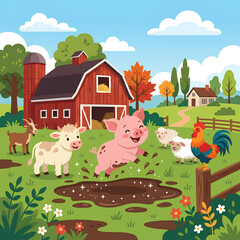 Fototapeta premium Cute cartoon farm animals playing in mud near red barn.