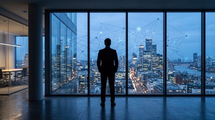 Fototapeta premium Businessman looking at city skyline with digital network overlay, technology and connectivity concept