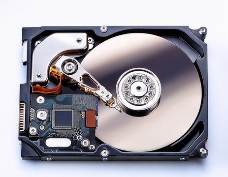 a disassembled hard drive with exposed internal components on a white background