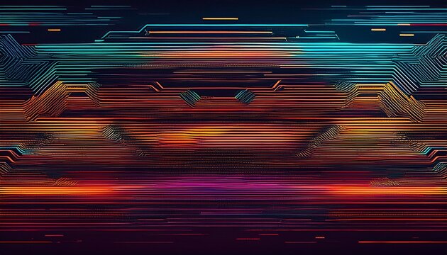 a distorted digital image with horizontal lines and multicolored glitches on a dark background