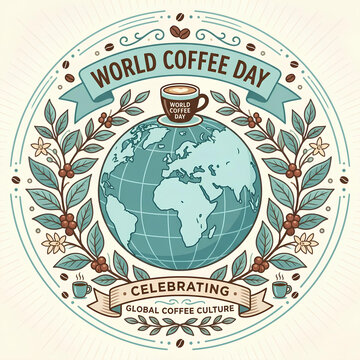 Vintage style emblem celebrating World Coffee Day.