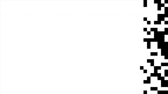 Minimalist black and white motion graphic transition featuring pixelated squares moving across the screen in a digital mosaic animation loop.