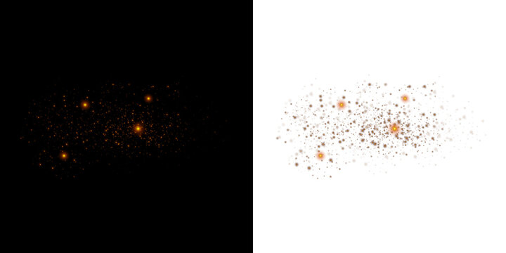 Golden glowing star dust particles and sparkle clusters isolated white background 