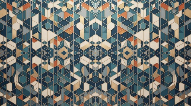 Geometric mosaic pattern background, intricate kaleidoscope tile design, teal and orange symmetrical abstract texture
