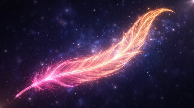 Glowing phoenix feather in starry space, magical fire plume with cosmic nebula, ethereal celestial light background