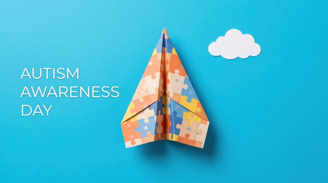 Paper airplane with colorful puzzle piece pattern flying across bright blue background to celebrate important autism awareness day event concept