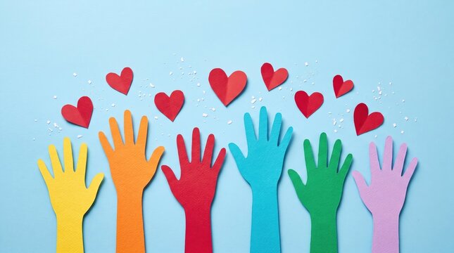 Multicolored paper hands reaching upward towards bright red hearts representing love unity and togetherness on a solid blue studio background
