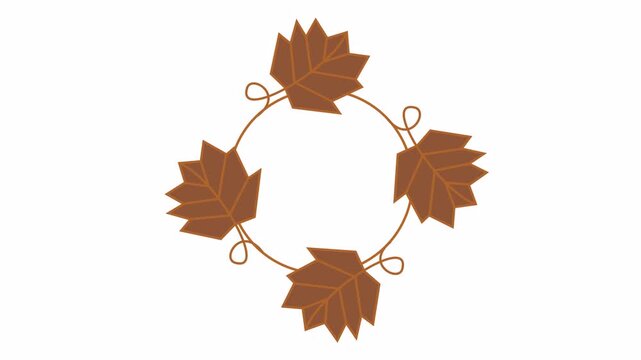 Autumn brown maple leaf circular wreath cartoon animation with vine tendrils isolated on an alpha channel for fall foliage frame and decorative Thanksgiving element concept.