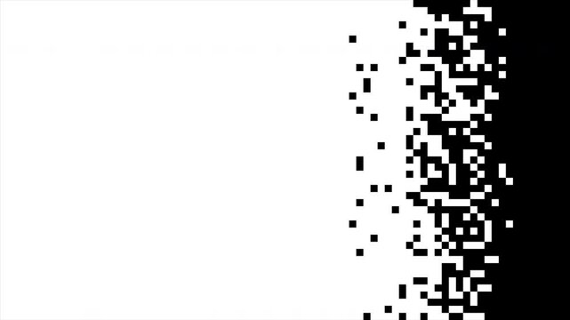 Minimalist black and white motion graphic featuring a digital pixel transition loop with moving square patterns for retro backgrounds or overlays.