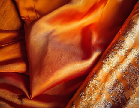elegant orange silk saree draped beautifully showcasing intricate pleats and golden border