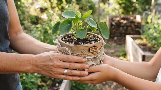Pilea peperomioides plant in rustic pot, hands sharing a green houseplant, sustainable gardening gift in backyard