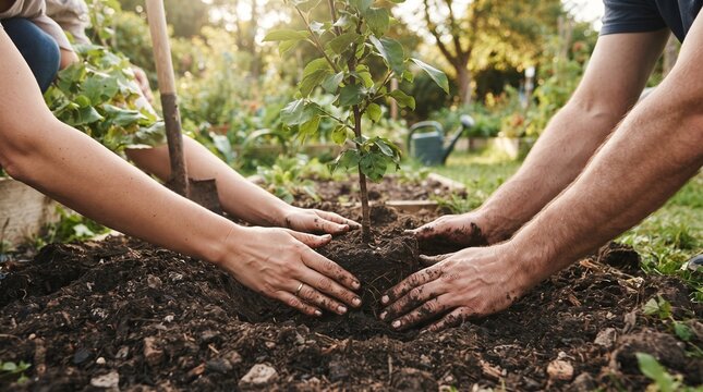 Sustainable tree planting in garden, hands holding young sapling in soil. Environmental reforestation and community gardening concept.