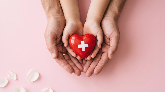Adult and child hands holding a red heart with a white medical cross symbol on a soft pastel pink background