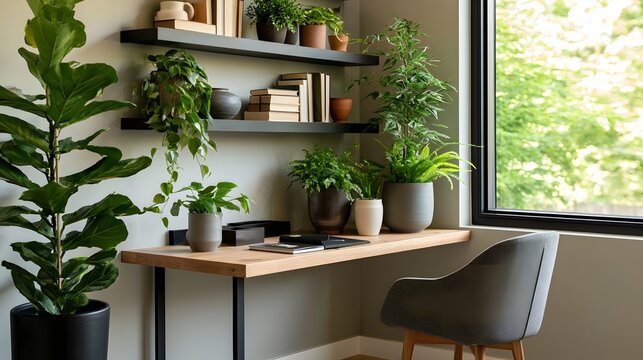 Modern home office corner featuring wooden desk  gray chair  floating shelves  and abundant green houseplants near a large window