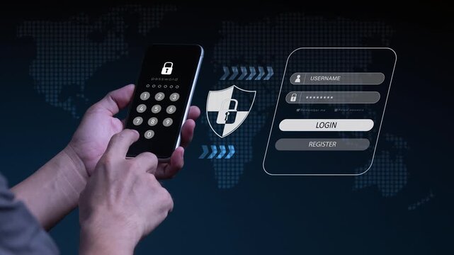 Hands using smartphone with password unlock screen and cyber security shield login interface, representing data privacy, mobile banking protection, network security, and secure access concept.