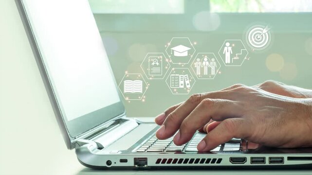 Close-up hands typing on laptop with virtual online education and e-learning icons, representing digital learning, skill development, academic graduation, career growth, and success goal concept.