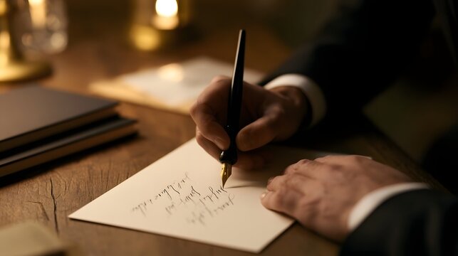 A person s hand writes elegant cursive script on a white card using a black fountain pen under warm ambient lighting