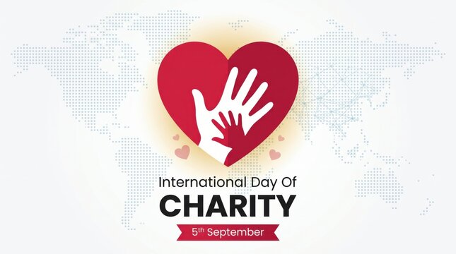 Large red heart featuring overlapping hands symbolizes compassion and global unity during the international day of charity celebration in September annually