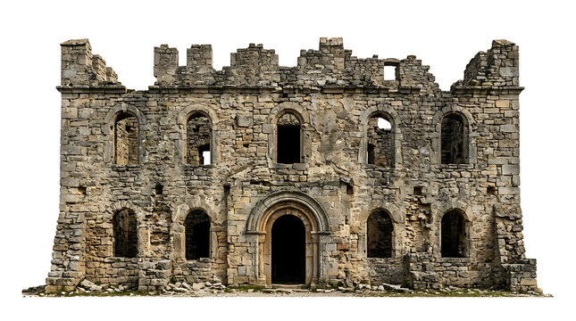 Ancient stone castle with arched windows and towers under a bright sky isolated on transparent background
