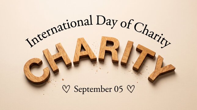 International day of charity concept featuring wooden letters arranged in an arch formation on a clean light beige textured background